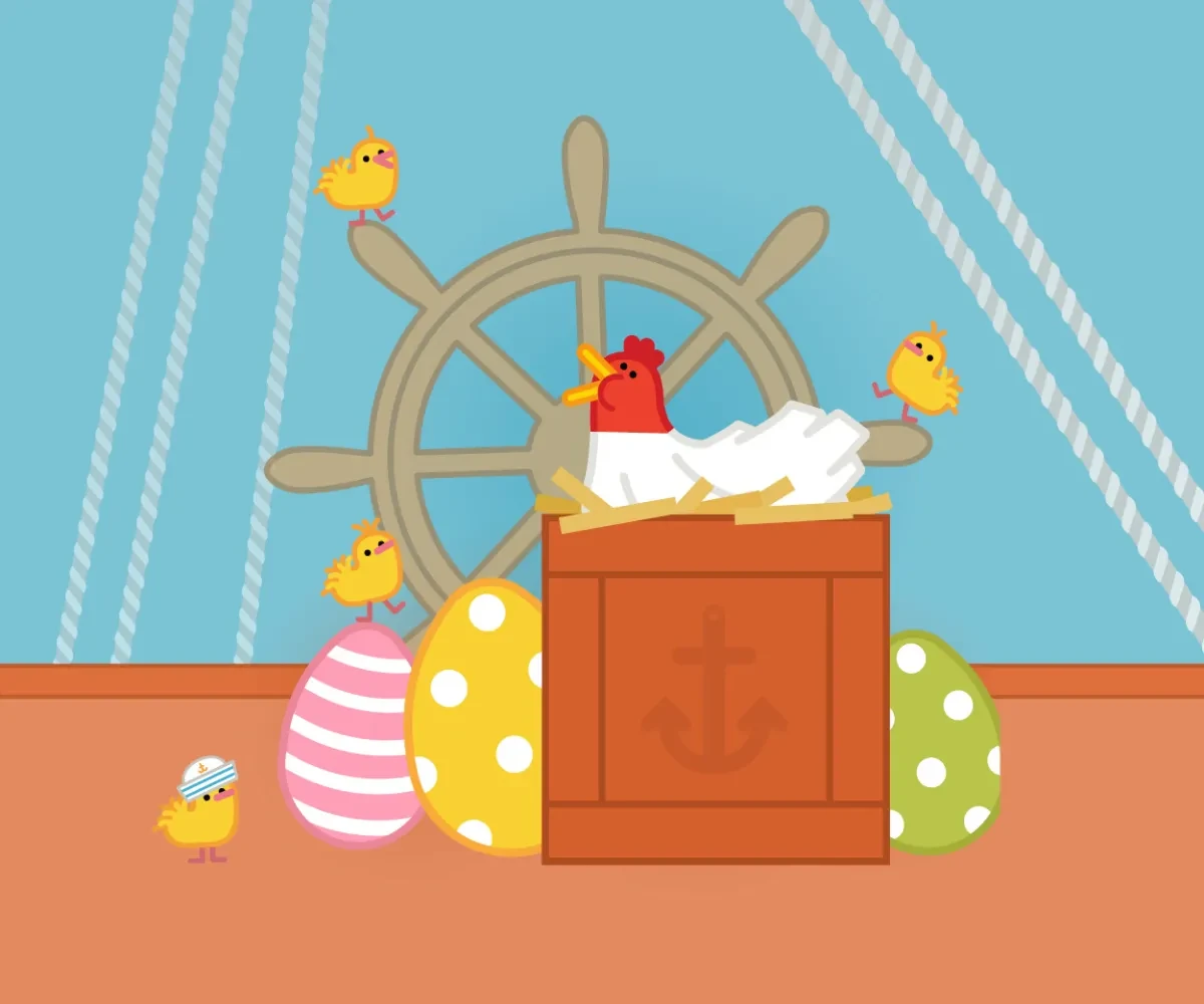 illustration of chicken, chicks and eggs on board Cutty Sark