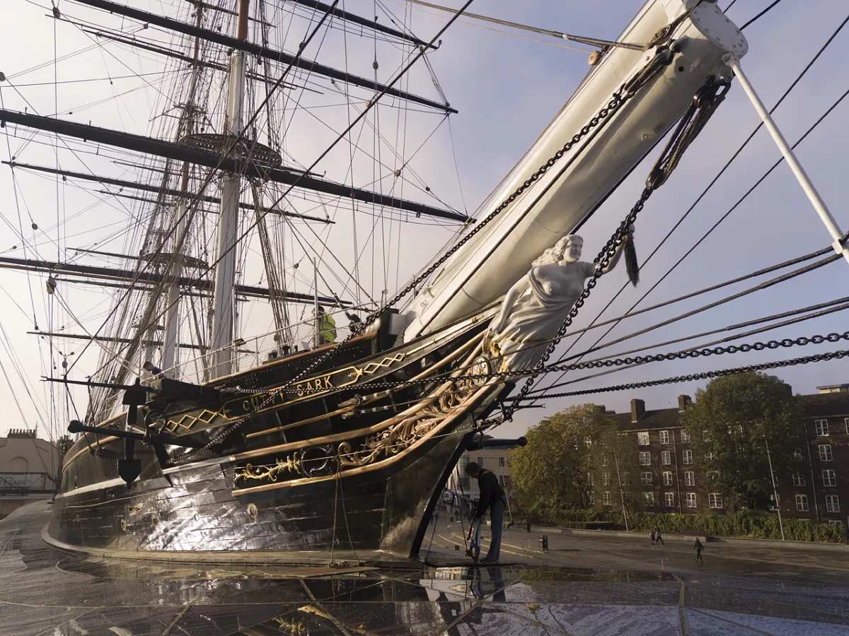 Cutty Sark from the bow with figurehead of woman holding horse tail