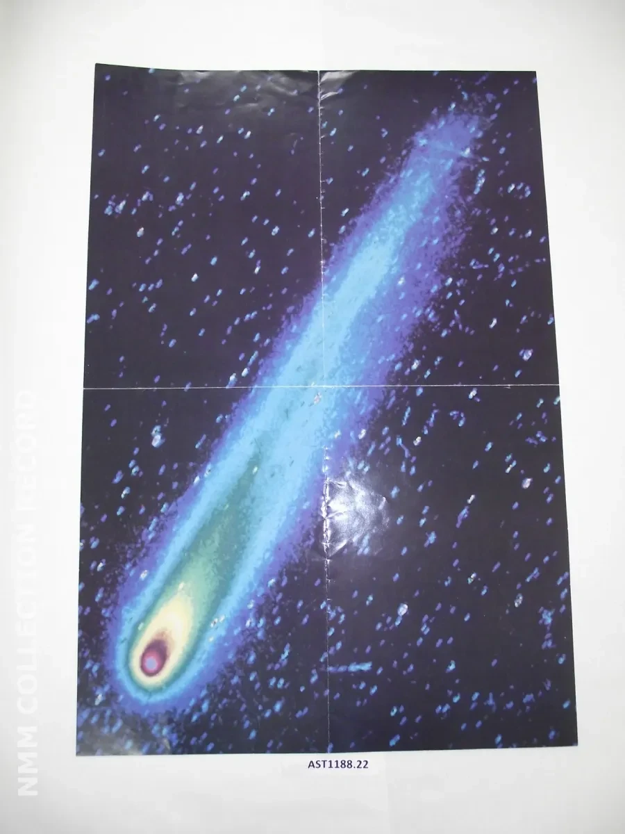 Poster of Halley's Comet in various colours in a starry sky