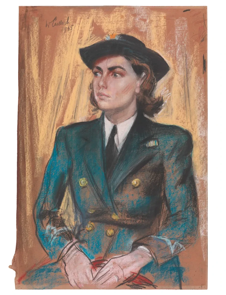 This half-length pastel portrait depicts an unidentified officer in the WRNS. She has short brown hair and is dressed in uniform, including a dark blue double-breasted coat with gold buttons and a black felt tricorne hat. Each of her sleeves bears a single light blue ring, indicating the rank of Third Officer. 
