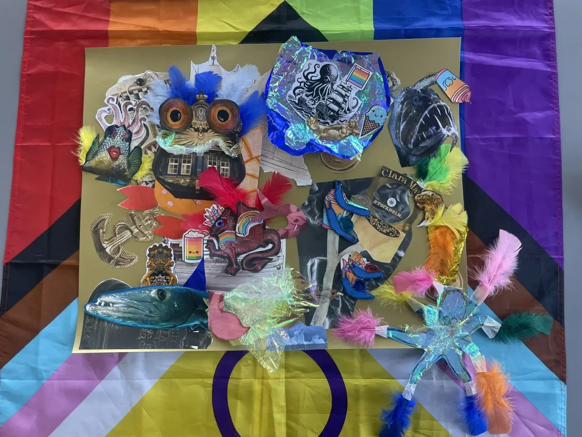 Collage of mythical creatures on an LBGTQ flag