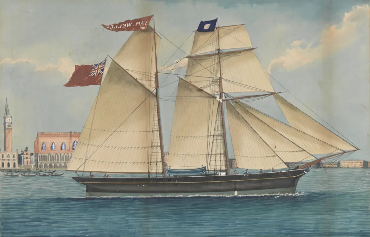 Bright painting of brigantine on water in front of Venetian buildings