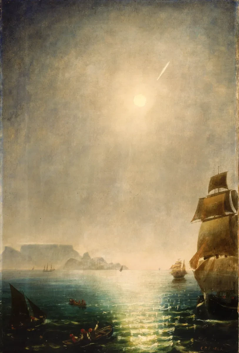 Dramatic painting showing sailing ships at sea with comet in the sky
