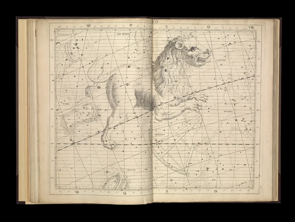 A double page spread from Flamsteed's Atlas featuring a lion depicting the constellation Leo. 