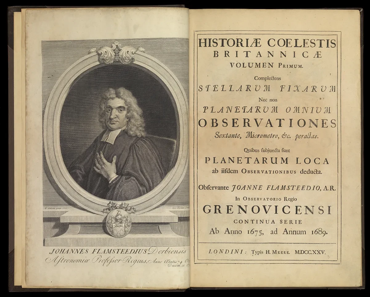 Frontispiece and title page of Flamsteed's Historiae coelestis. It includes a portrait of the man.