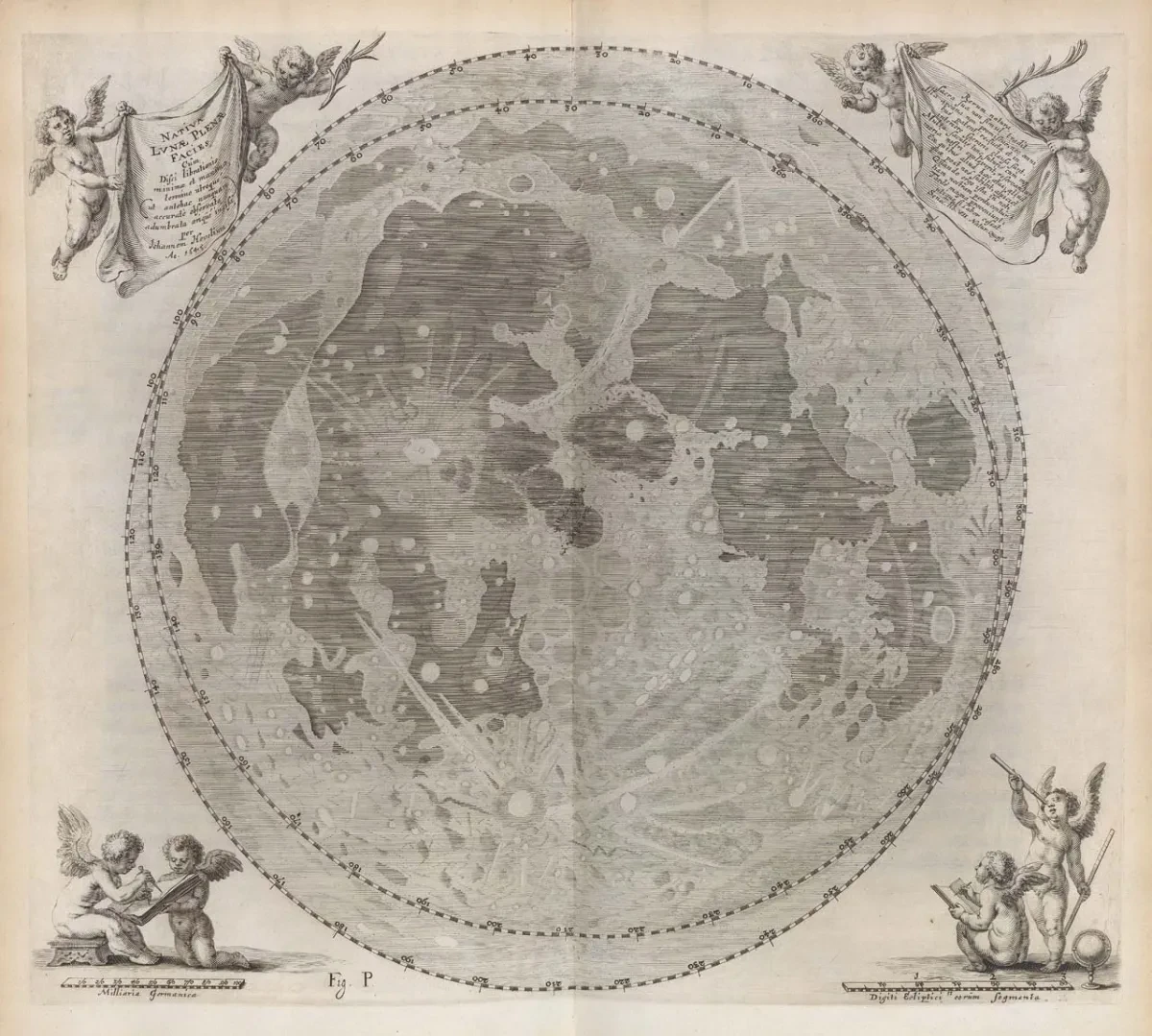 A drawing of the geographical features of the Moon, surrounded by putti in each of the four corners.
