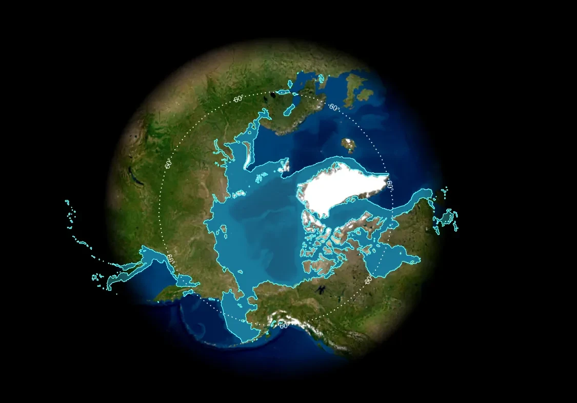 Screenshot of an interactive tool displaying the extent of Arctic sea ice. The computer graphic represents sea ice as a pale blue layer, overlaid on top of a 3D view of the Earth