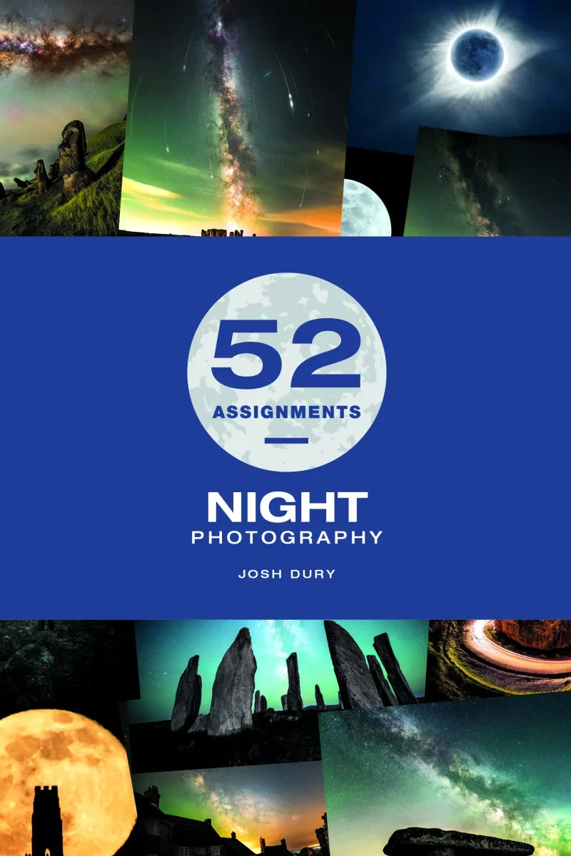 The front cover of the book 52 Assignments: Night Photography by Josh Dury. The cover is blue and covered with a series of images of space 