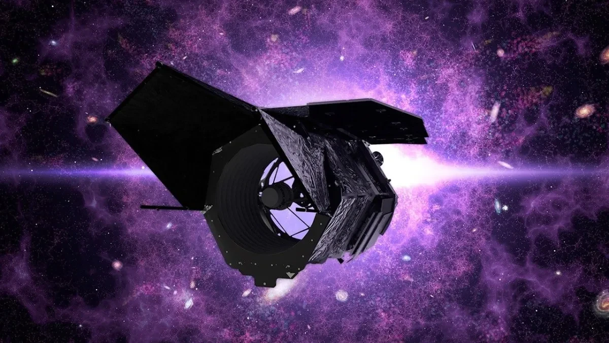 Cosmic purple nebula with space telescope resembling hollow metal tube