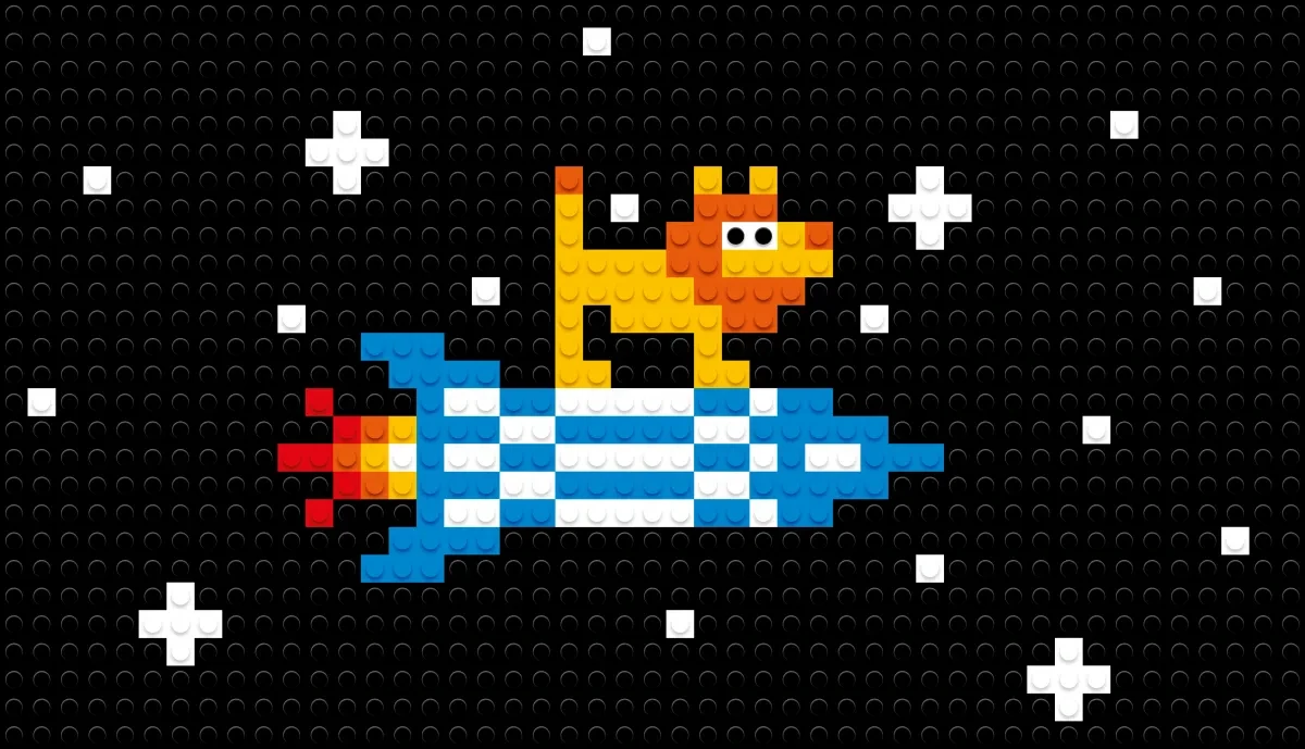 A LEGO brick art illustration of a lion riding a blue and white rocket through space.