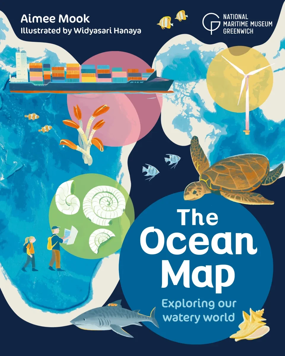 The Ocean Map: exploring our watery world book cover. The design features a number of illustrations related to the ocean, and the title in white letters inside an ocean blue circle