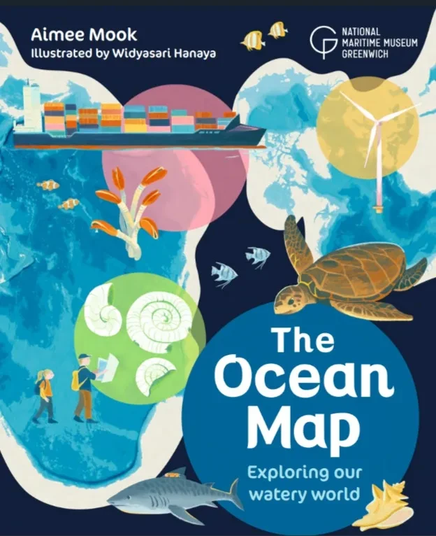 A children's book cover with a map of the ocean, plus illustrated people, a container ship, a wind turbine and sea creatures