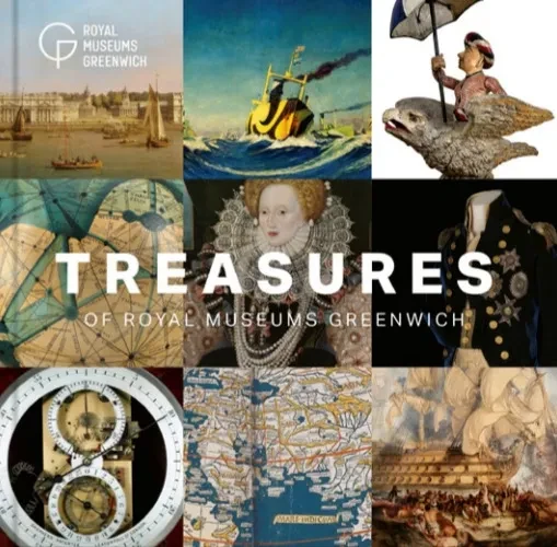 A book cover split into nine sections, with a portrait of Queen Elizabeth I in the centre, maps, clocks, ships and other museum items around the edge