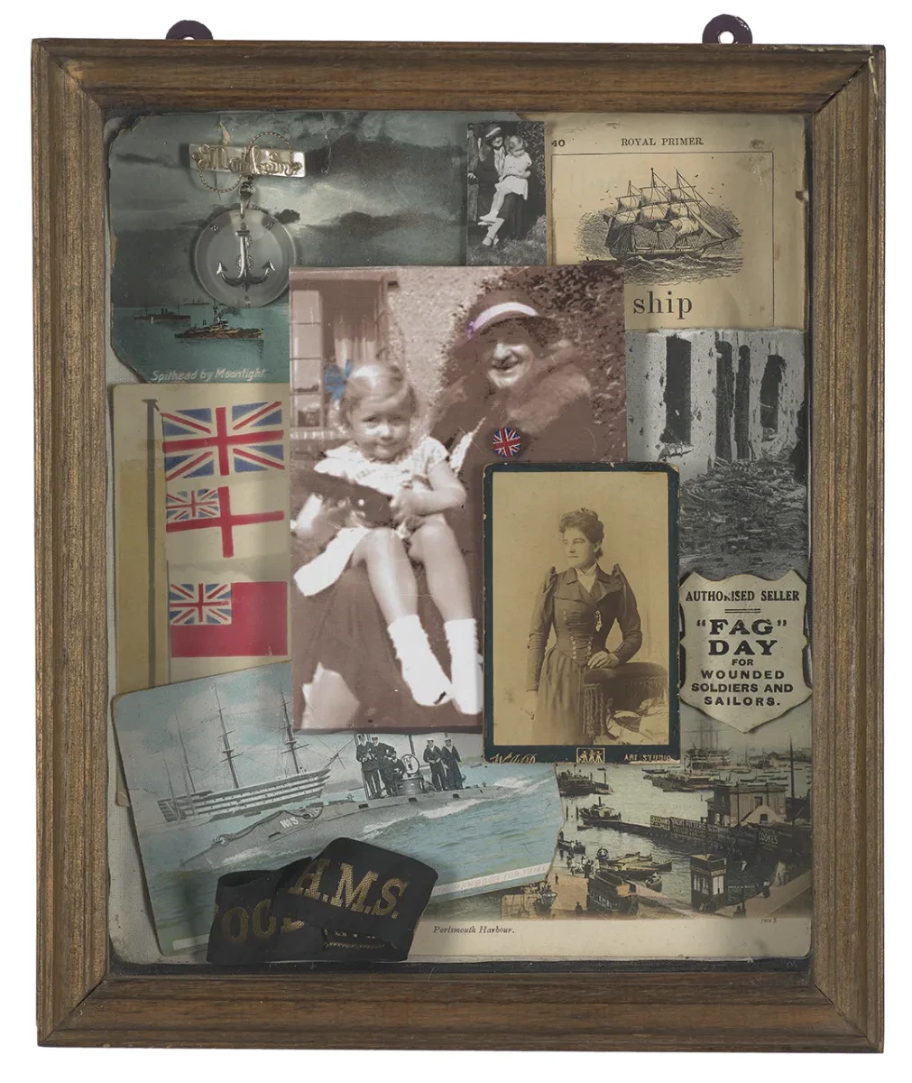 Collage entitled 'Alice and Rozanne' consisting of a wooden box with photos and postcards inside.