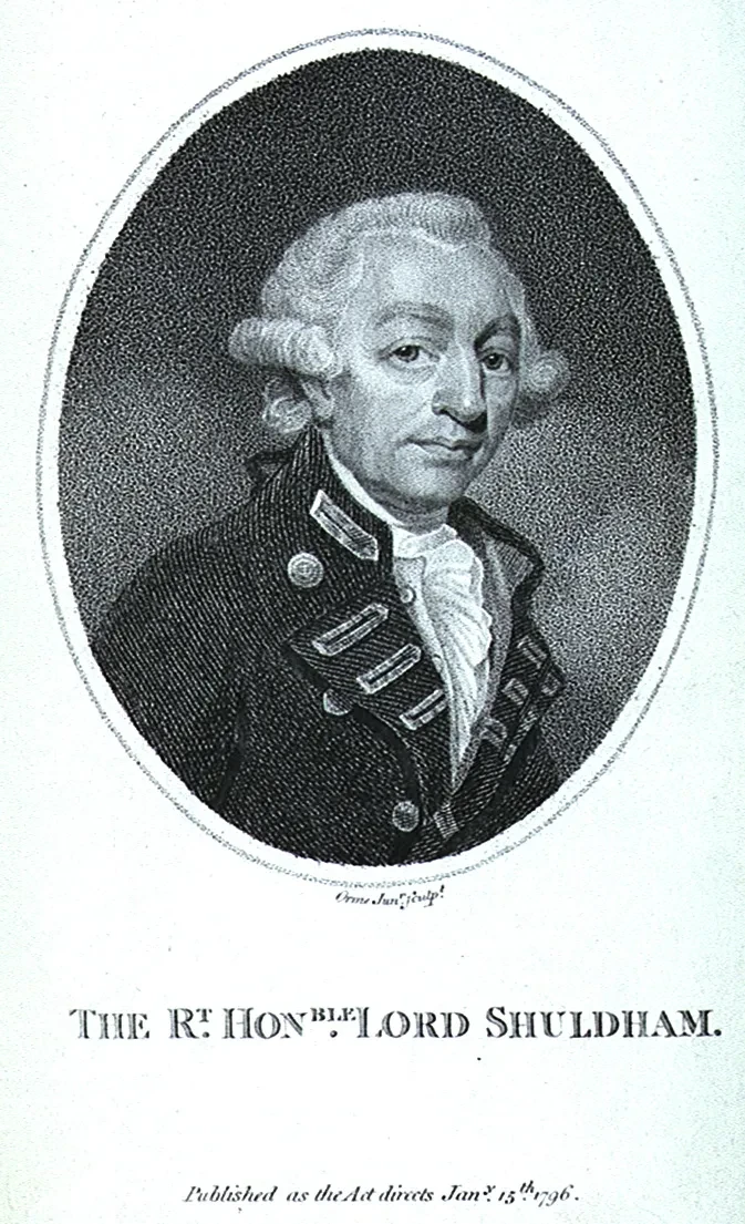Illustration of Molyneux Shuldham in oval frame with his name and title written below