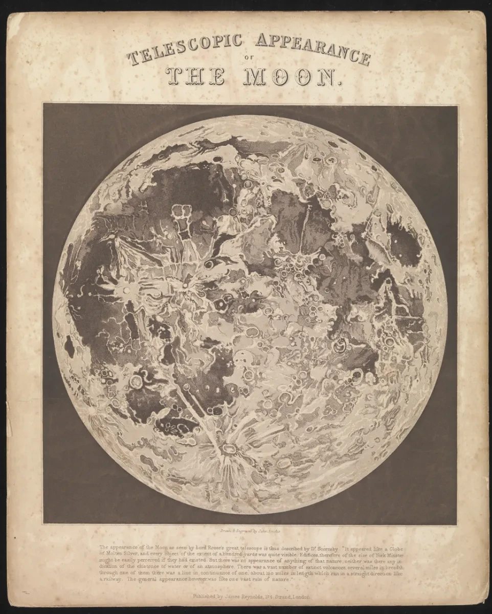 A sepia-tinted image of the moon in a dark brown square, with a title above reading Telescopic Appearance of the Moon in a 19th-century font 