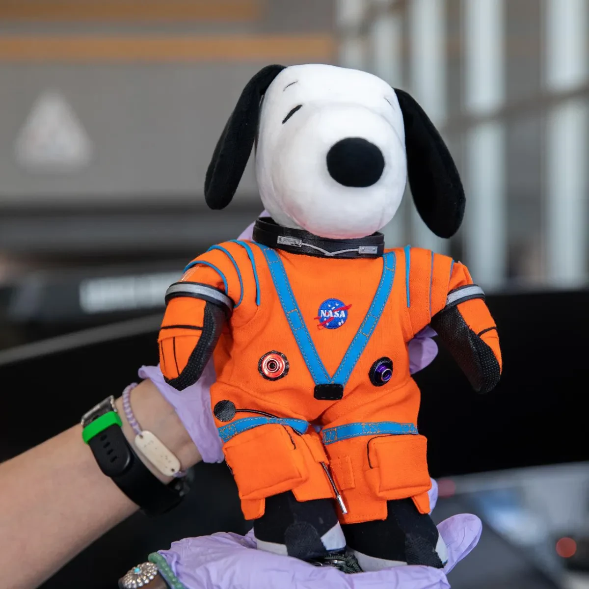 A soft toy 'Snoopy' dog dressed in an orange NASA flight suit