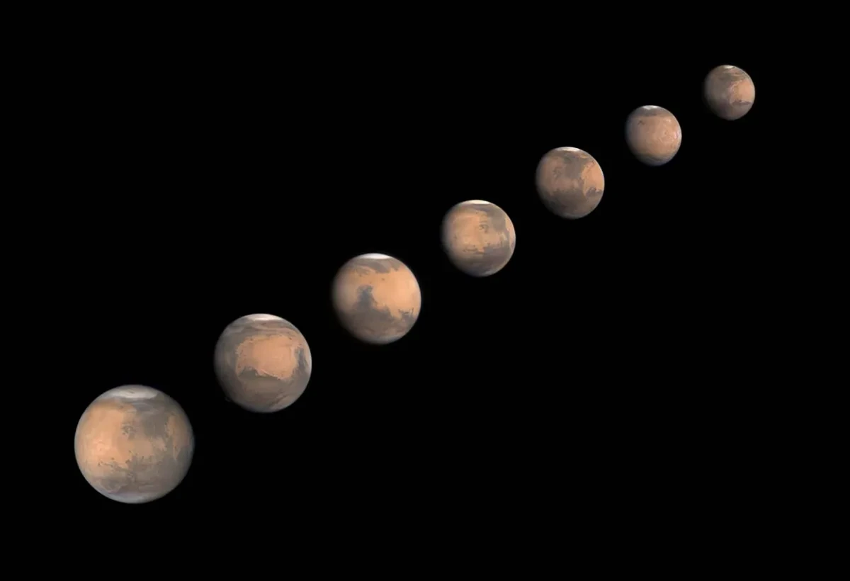 Composite image featuring 7 photos of Mars in decreasing size from the bottom left corner of the image