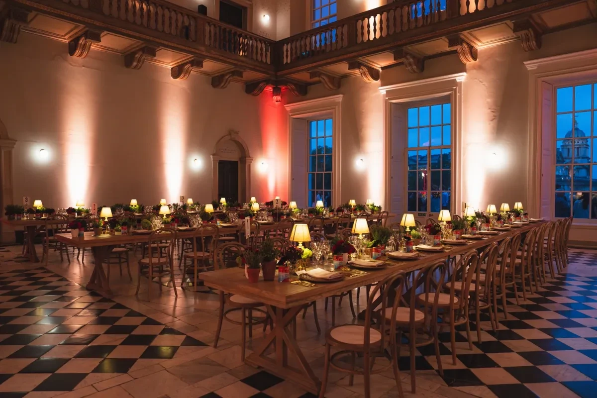 Mutti dinner on long tables set up in the Great Hall