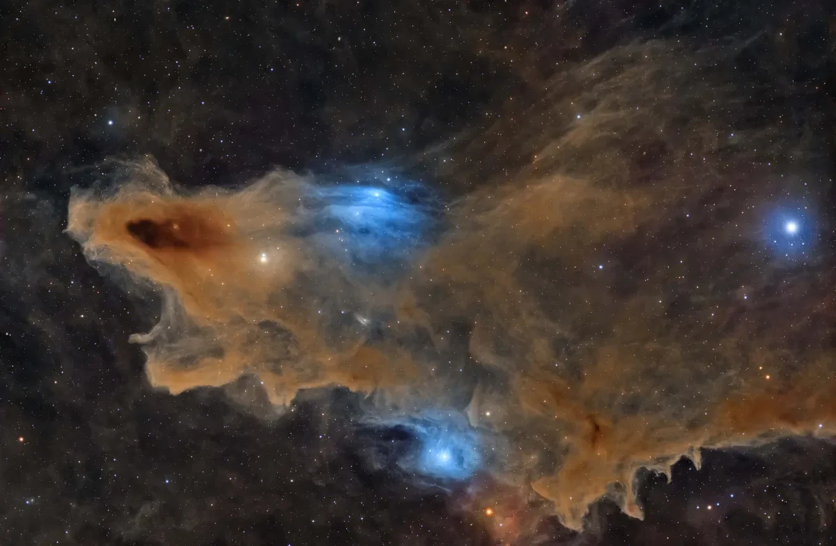 Image of the Shark Nebula made from an orange cloud with blue details