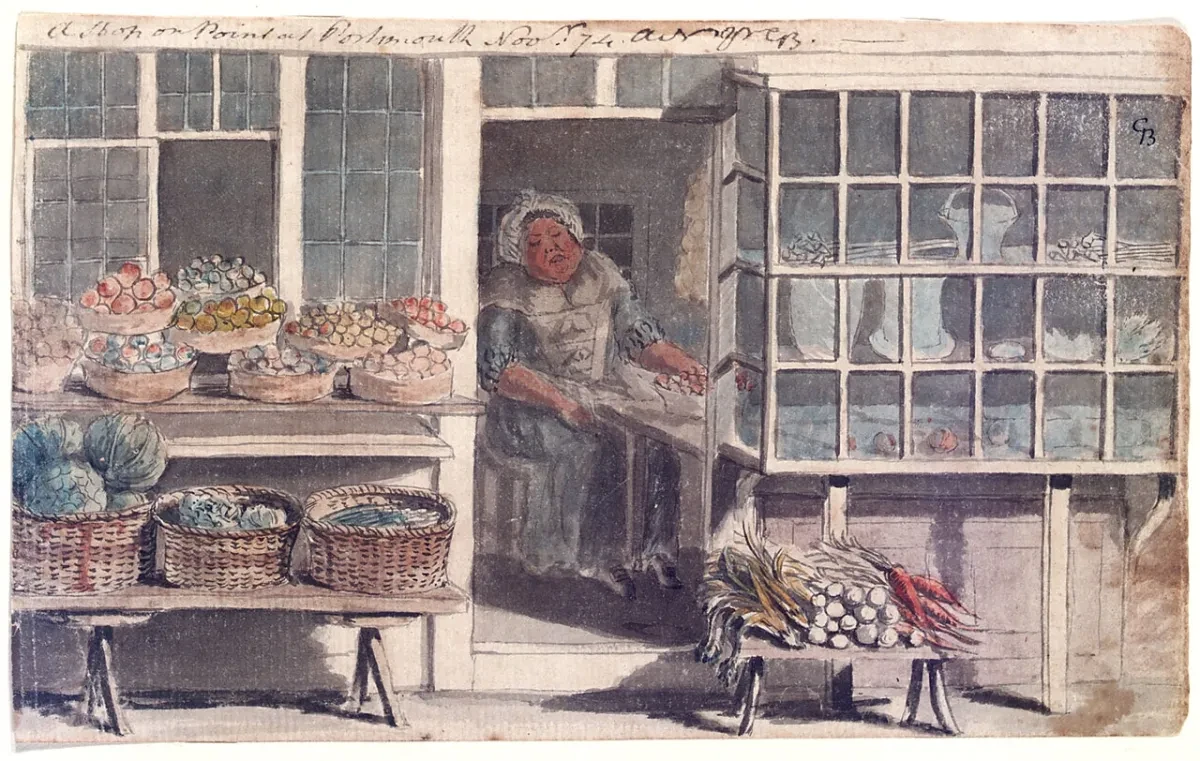 A detailed 1774 drawing of a greengrocer’s shop at Portsmouth Point, showing the female shopkeeper seated in the doorway, with baskets of fruit and vegetables displayed outside and clay pipes in the shop window.