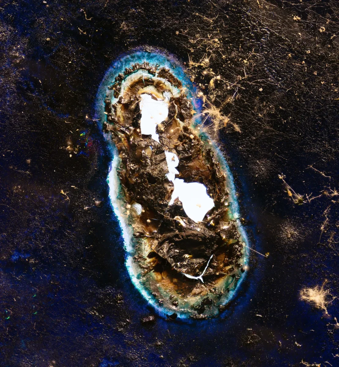 Photo showing cracked and burned piece of paper with bottle shaped blue mark on it