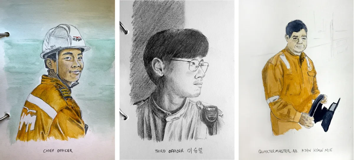 Three sketches of crew members on board a ship. The sketches on the left and right are coloured, and the middle portrait is made in pencil