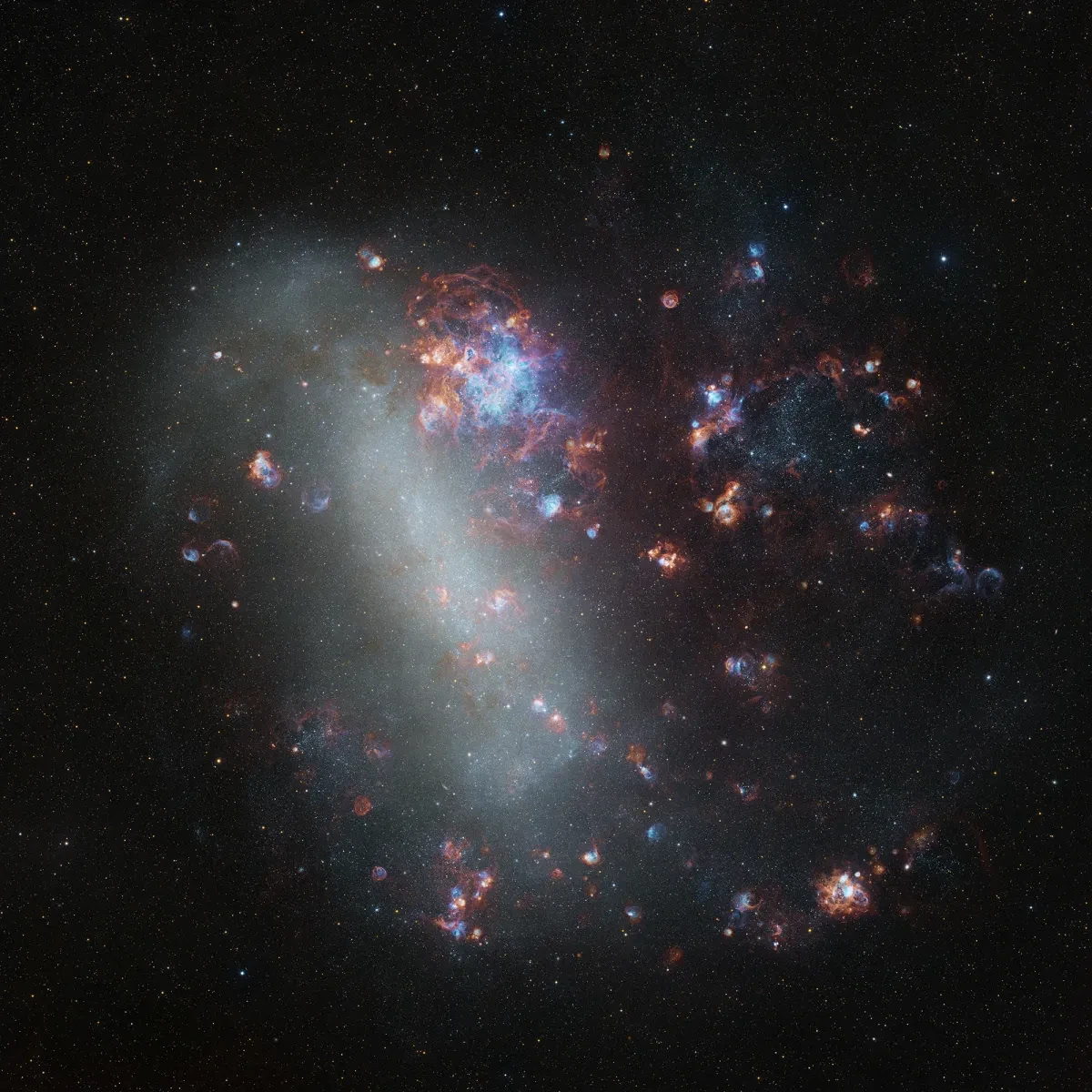 Large Magellanic Cloud complete with dust emissions and orange and blue star clusters