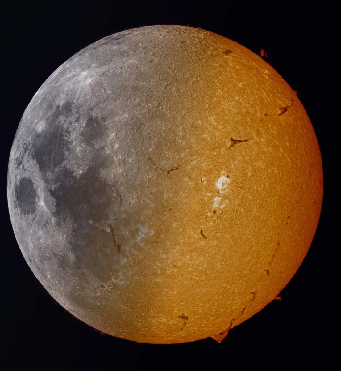 Image that fuses together two sides of the Sun and Moon