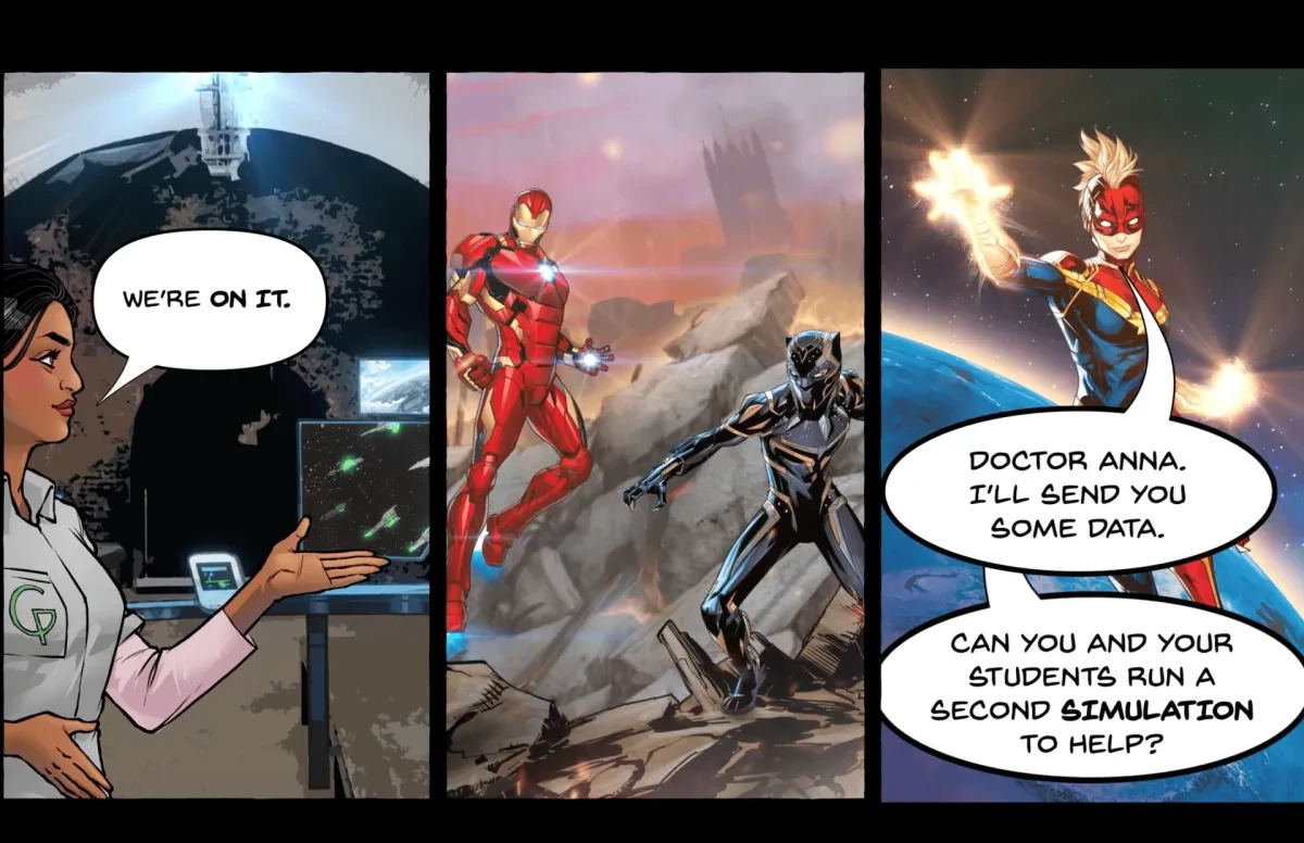 Screenshot of a cutscene from the Astro Assemble game featuring characters in conversation