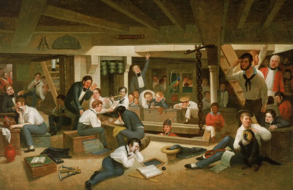 An oil painting depicting the busy life below deck on a frigate in the 19th century