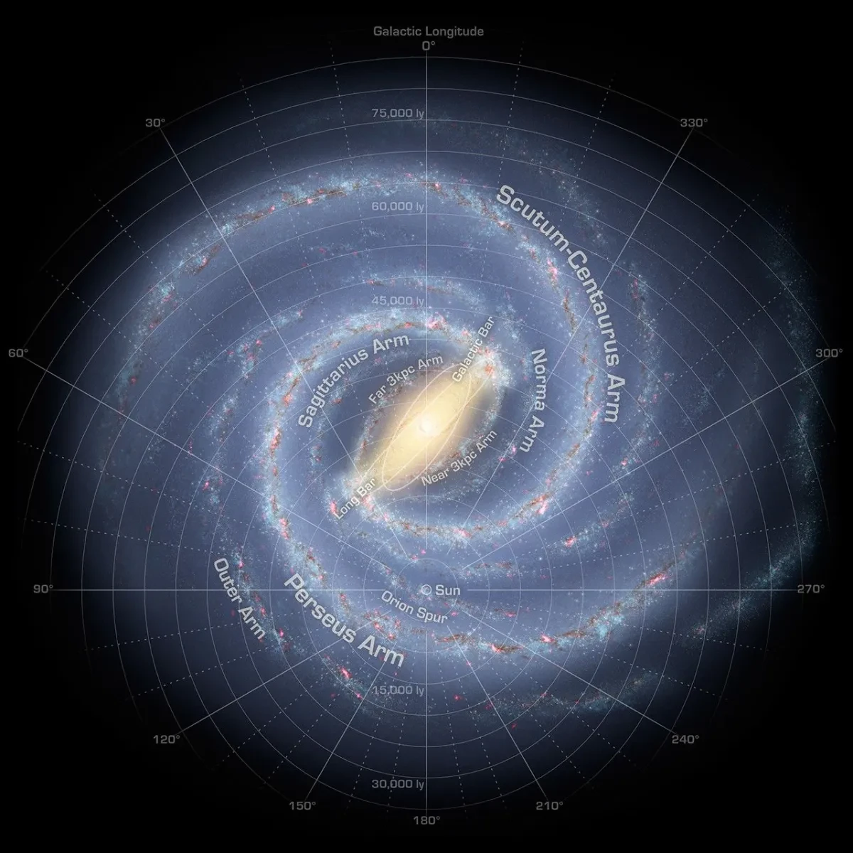 Visualisation of the Milky Way, a spiral galaxy in blue with spiral arms coming off of a central bar. Labels say what the arms are named
