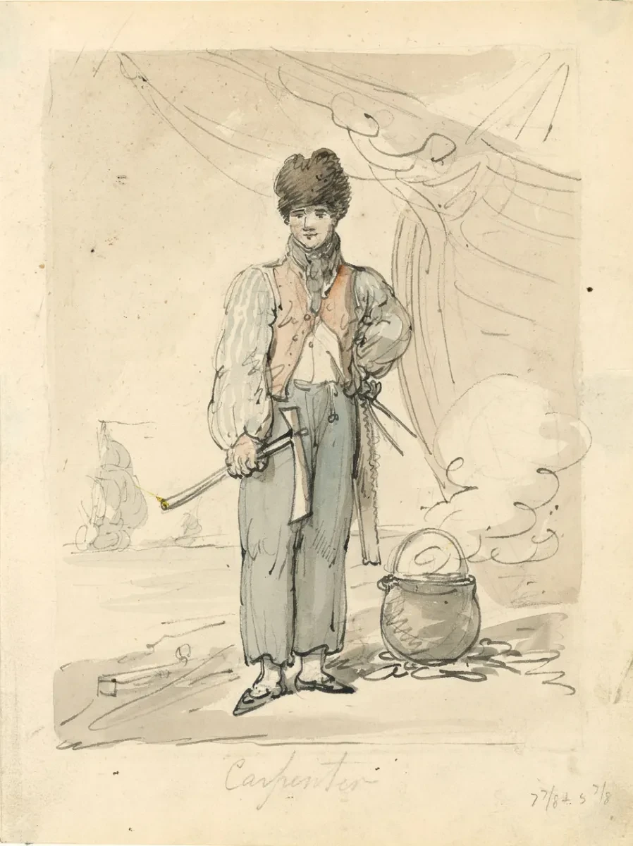 Medium includes graphite and watercolour. Depicts clothing, outerwear: uniform, carpenter's [Royal navy]