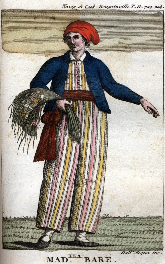 Drawing of Jeanne Baret in striped top and trousers, blue jacket and red cap, holding a bouquet of bougainvillea.
