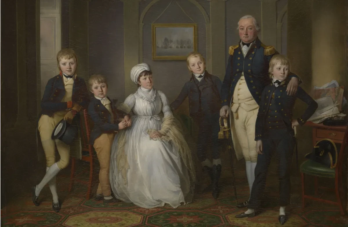 A 19th-century painting of a father in naval uniform, mother and four sons.