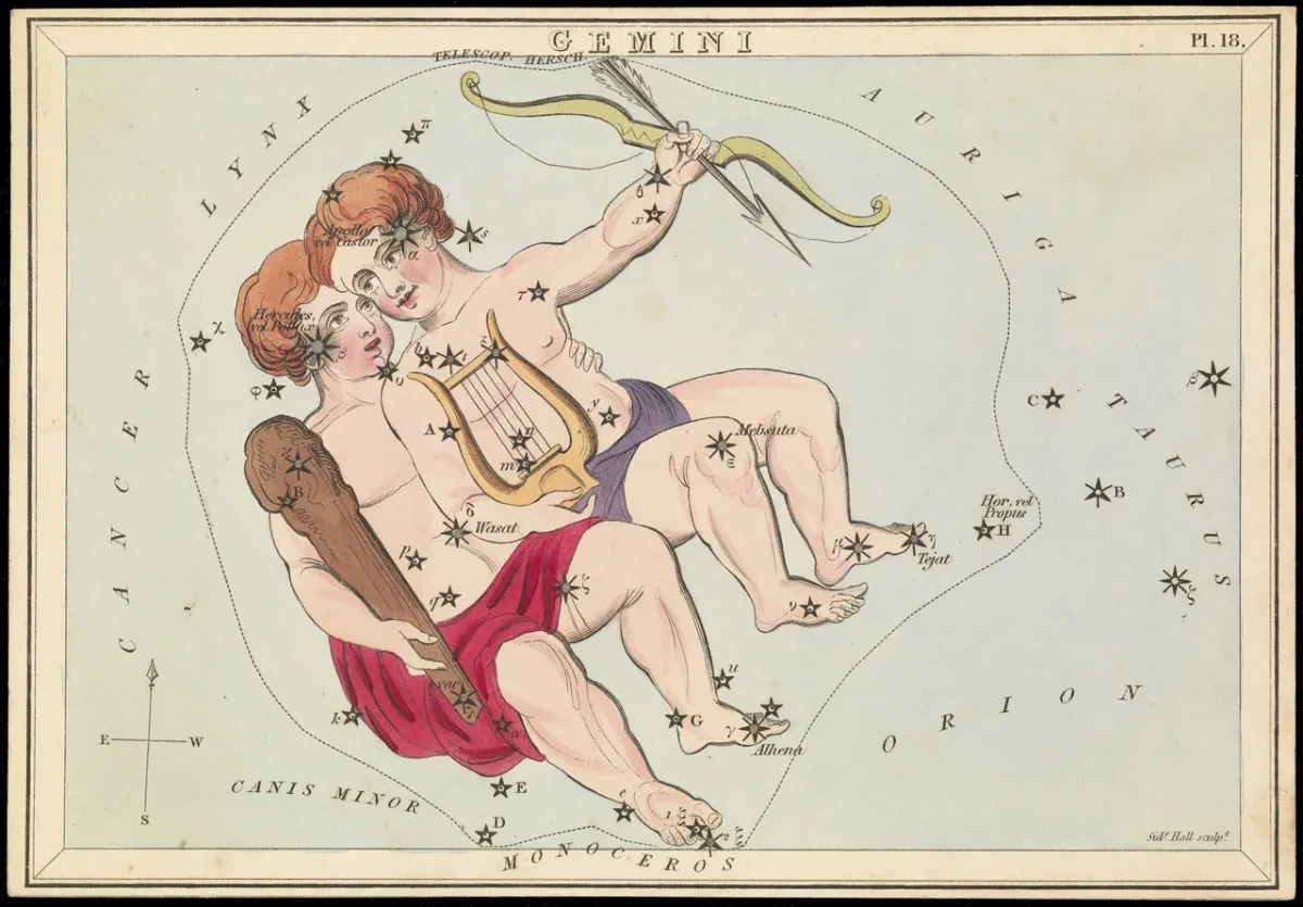 Illustration depicting the Gemini constellation as twins. 
