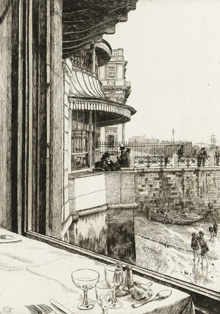A black and white drawing of balconies overlooking mudlarks on the Thames shore.