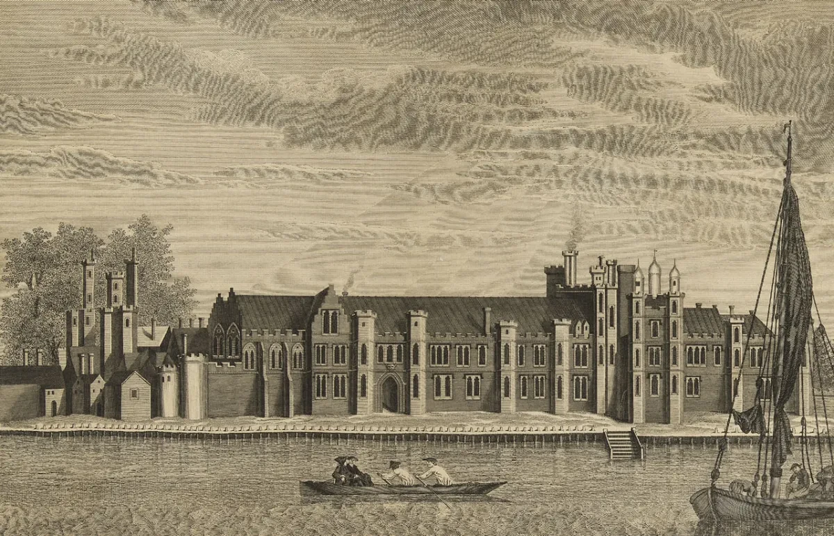 Drawing of a rowing boat passing the Palace of Placentia.