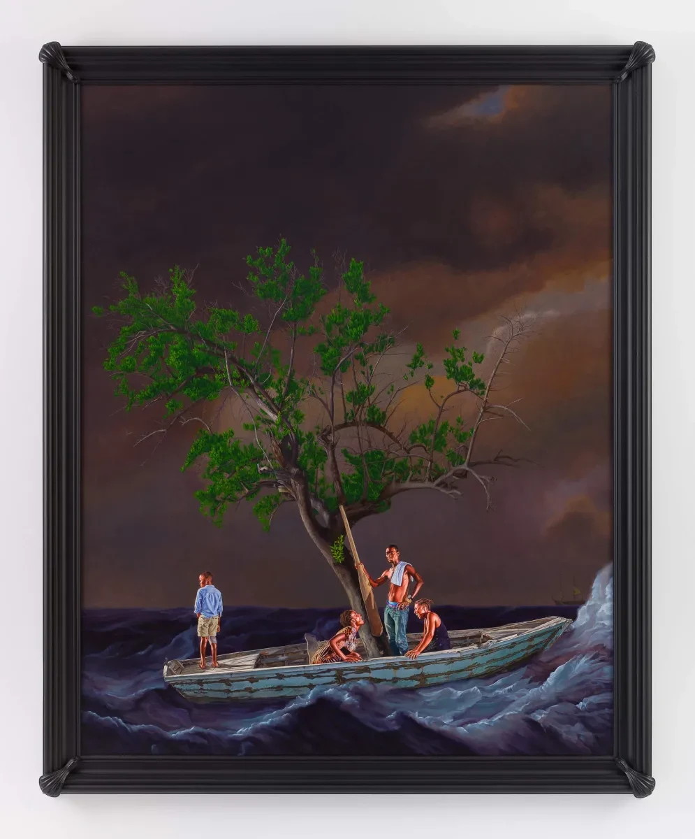 A painting of people and a tree in a boat on choppy waters.