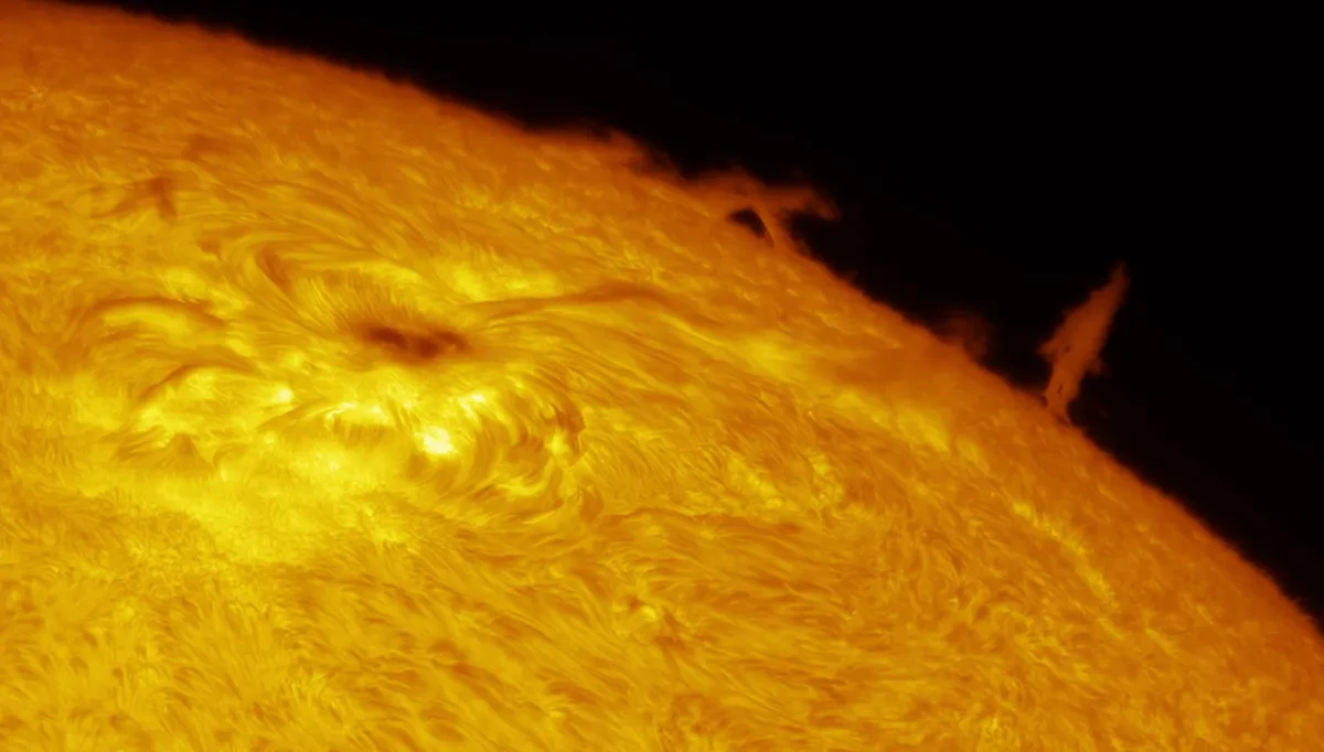 A section of the Sun, with sunspot and protrusion.