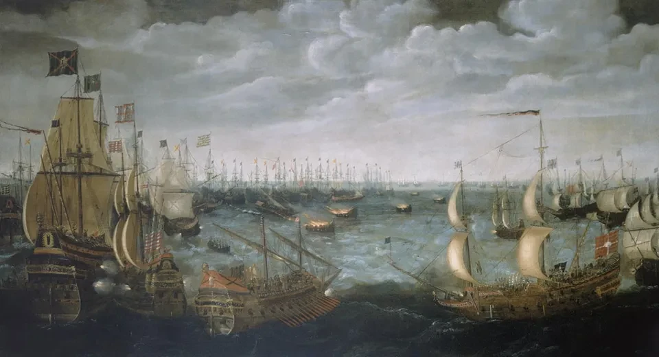 Painting of Spanish Armada ships at sea. Some small boats are on fire.