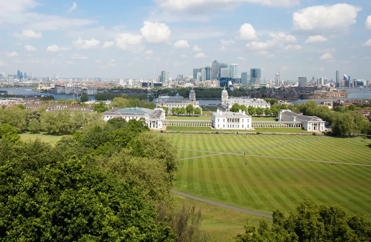 Photograph of Greenwich with Greenwich Park in the foreground.