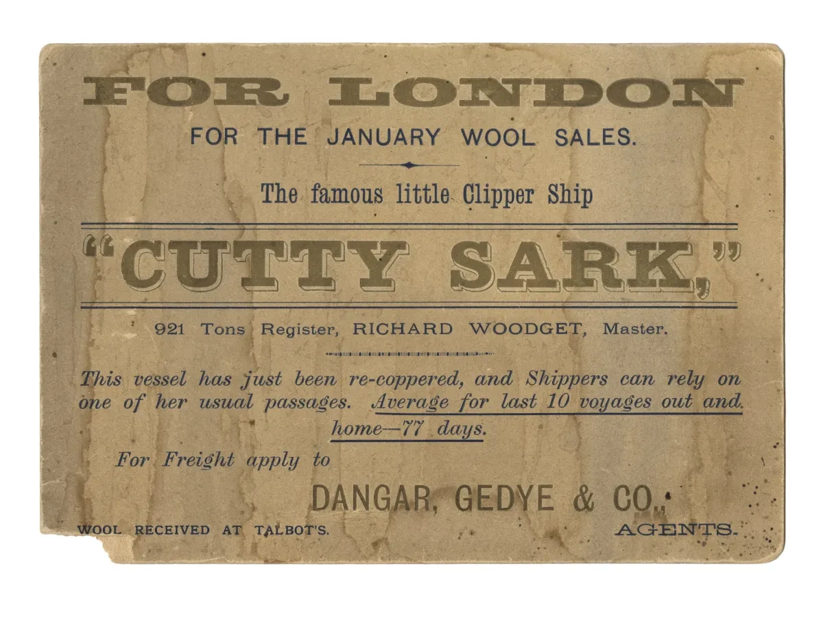 An aged advert promoting Cutty Sark as a vessel for the wool trade.