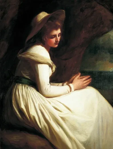 A painting of Emma Hamilton seated, wearing a white dress, with eyes lowered.