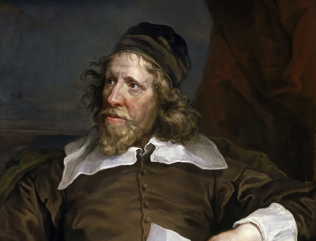 Detail from a portrait painting of Inigo Jones wearing dark cap and tunic with white collar.