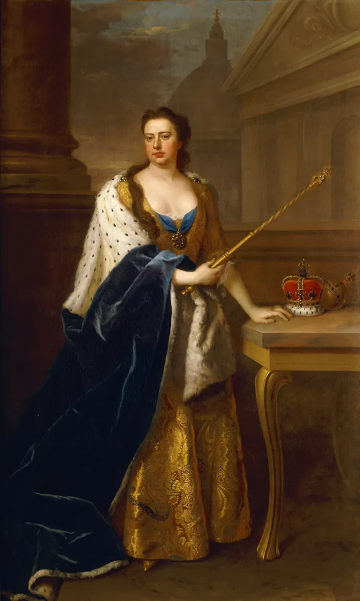 Full-length painting of Anne in a long golden gown and fur wrap.