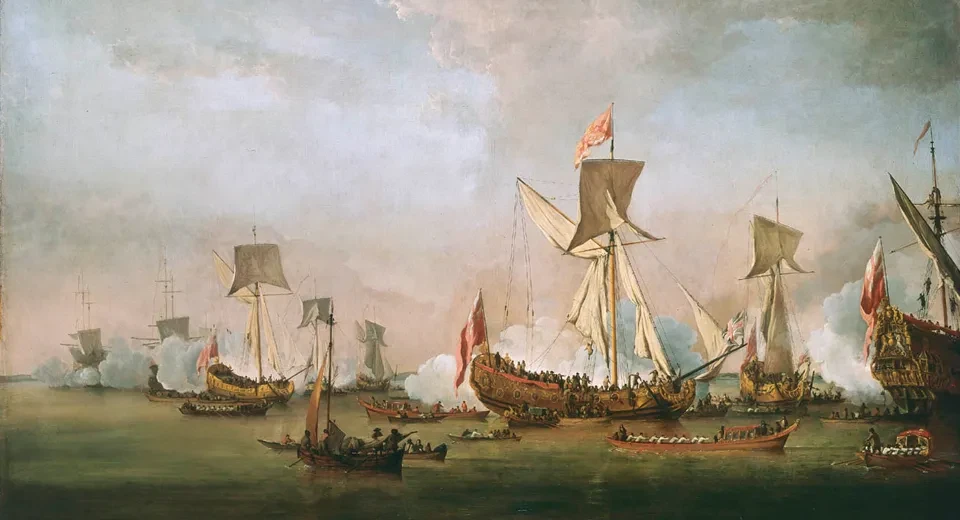 Painting of ships at sea.