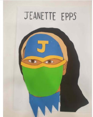 Graphic of Jeanette Eps with a superhero mask made of felt stuck on