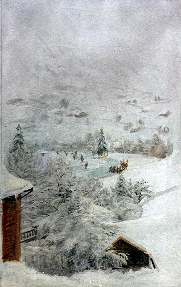 A snowy alpine painting in Switzerland