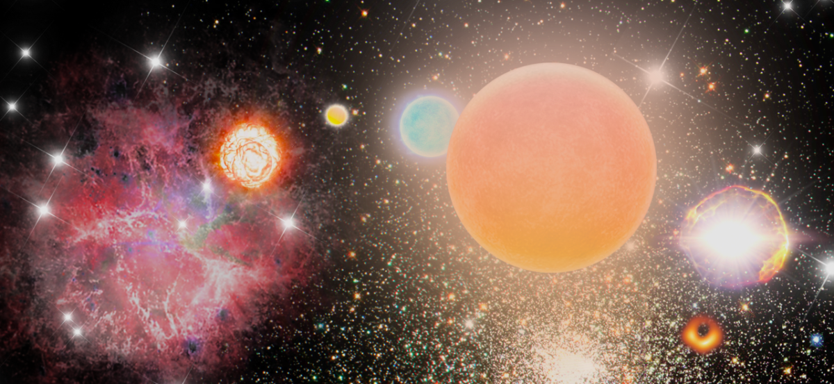Images of different coloured stars, a nebula, a supernova and a blackhole